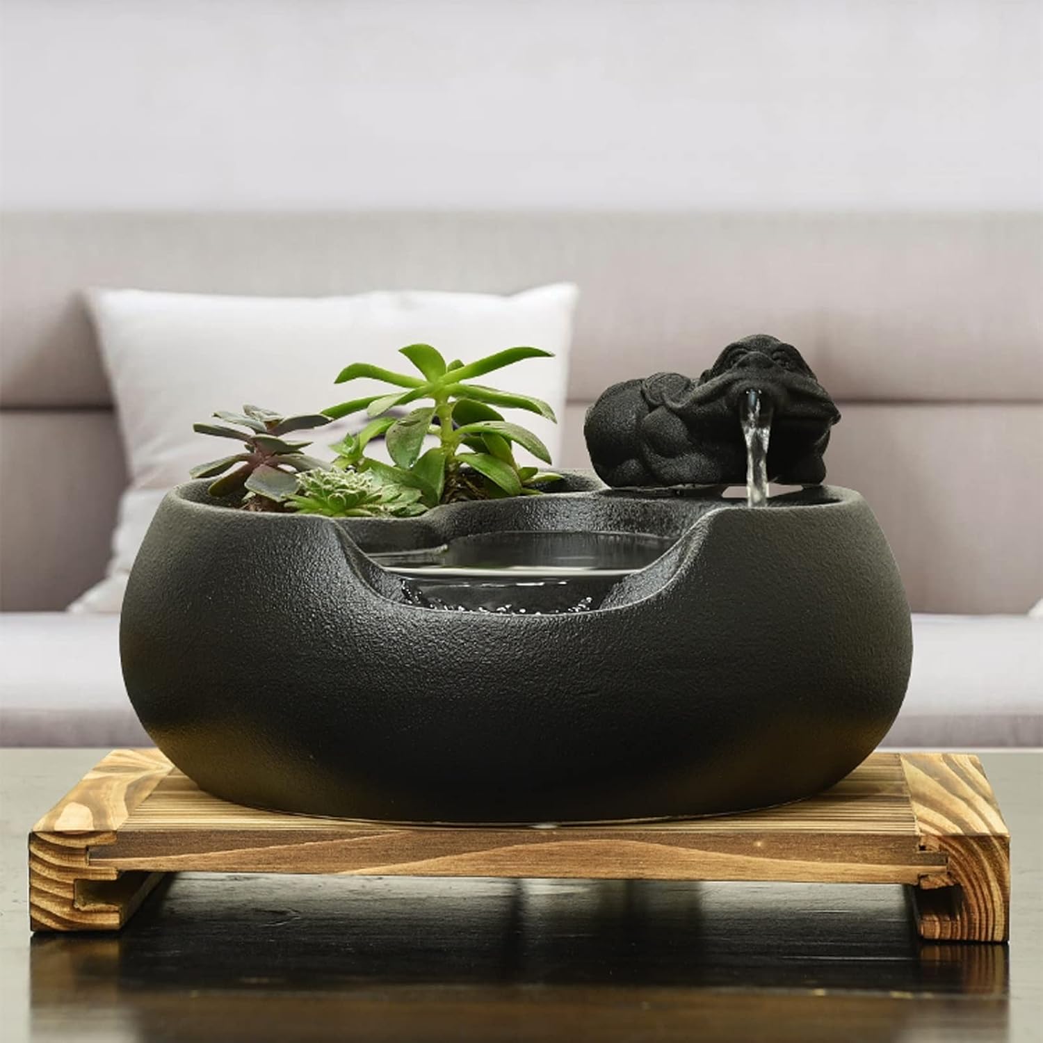Small Fountain Indoor Ceramic Tabletop Fountain for Indoor and Outdoor Office Patio Black Ceramic Fountain with Pump and Wooden Base Tabletop Fountains(Color:A)
