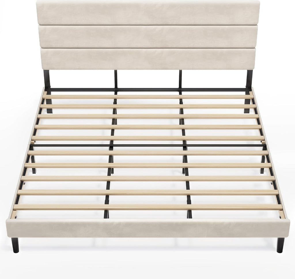 WLIVE Upholstered Bed Frame, King Size Bed Frame with Headboard, Platform Bed with Wood Slats, 1500LBS Mattress Foundation, No Box Spring Needed, Easy Assembly, Velvet Beige