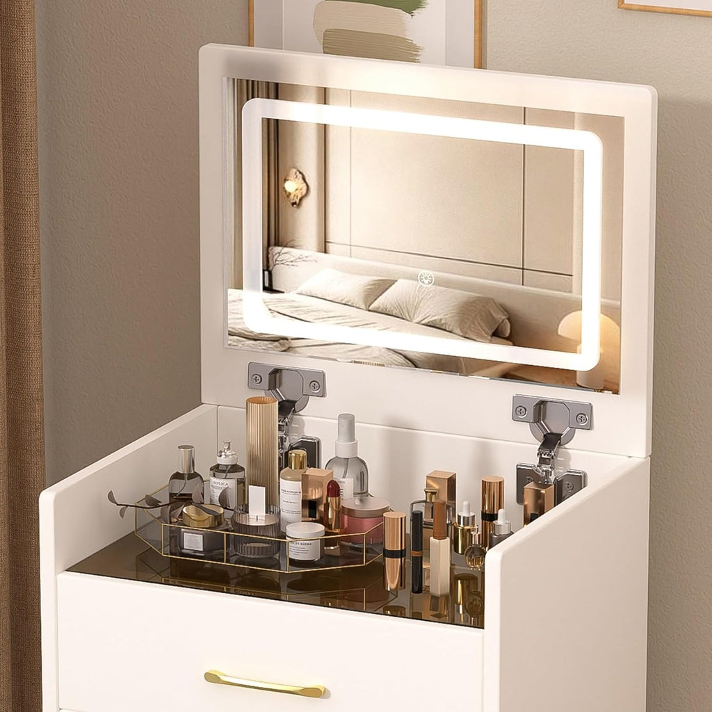 KEIKI 3 in 1 Make Up Vanity Desk with Open Top Mirror, Nesting Stool, Visible Glass Desktop & 3 Storage Drawers, 3 Lighting Color, Makeup Dresser Table or Nightstand for Bedroom, Dressing Room