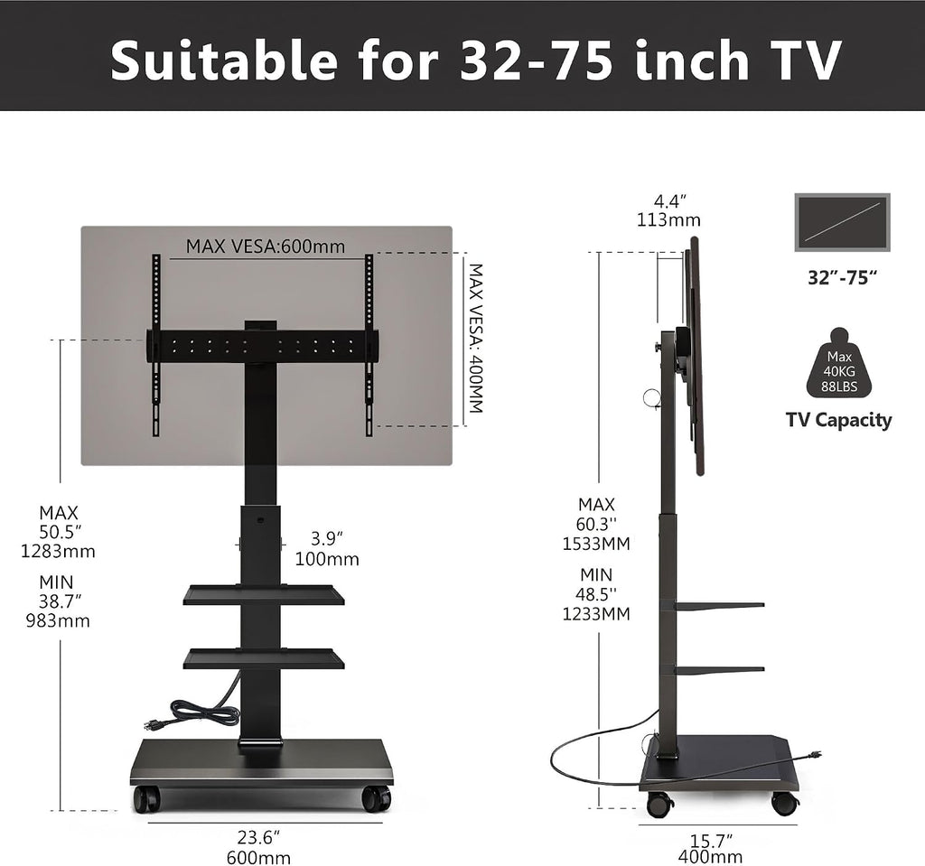 FITUEYES Rolling TV Stand for 32-75 Inch TVs, Portable Mobile TV Stand on Wheels with Power Outlet, Height Adjustable Rotating Floor TV Stands with Swivel Mount and Metal Base Hold Up to 88 Lbs, Black