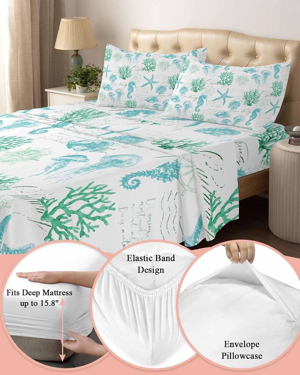 Green Aqua Coastal Cal King Sheet Set 4 Piece Bedding - Nautical Jellyfish Seashells Starfish Breathable Comfy Cooling Bed Sheets & Pillowcase Sets,Hotel Luxury Flat Sheets Deep Pockets Fitted Sheet