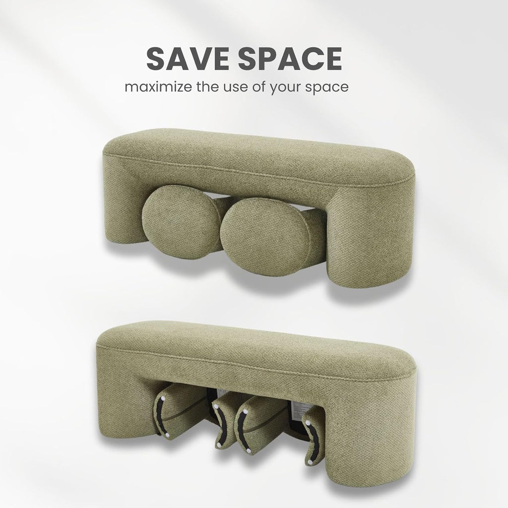 3-Piece Nesting Ottoman Bench Set，53' Long Upholstered End of Bed Bench with 2 15' Foot Stools Chenille Modern Arched Bench Comfy Entry Bench Vanity Stools for Living Room Bedroom, Green