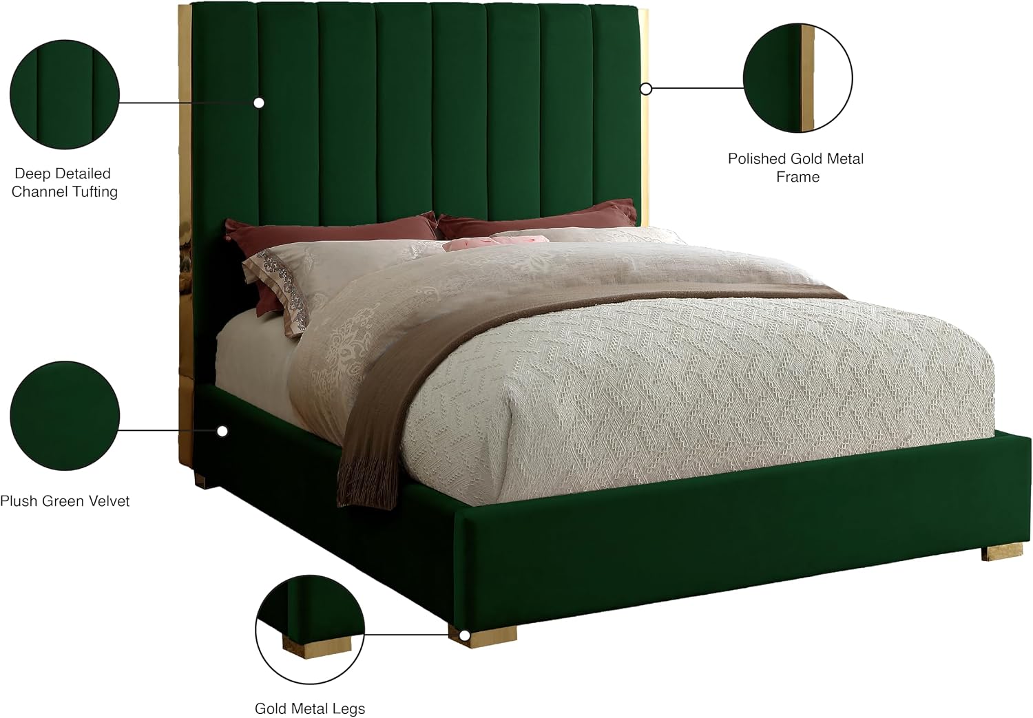 Meridian Furniture Becca Collection Modern | Contemporary Velvet Upholstered Bed with Deep Channel Tufting and Polished Gold Metal Frame, Green, Full