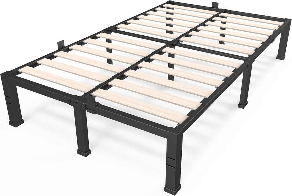 ROIL 14 inch Queen Size Bed Frame with Wood Slats - 3500lbs Heavy Duty No Box Spring Needed Platform, Mattress Stoppers Double Metal Noise Free Bedframe with Headboard Hole
