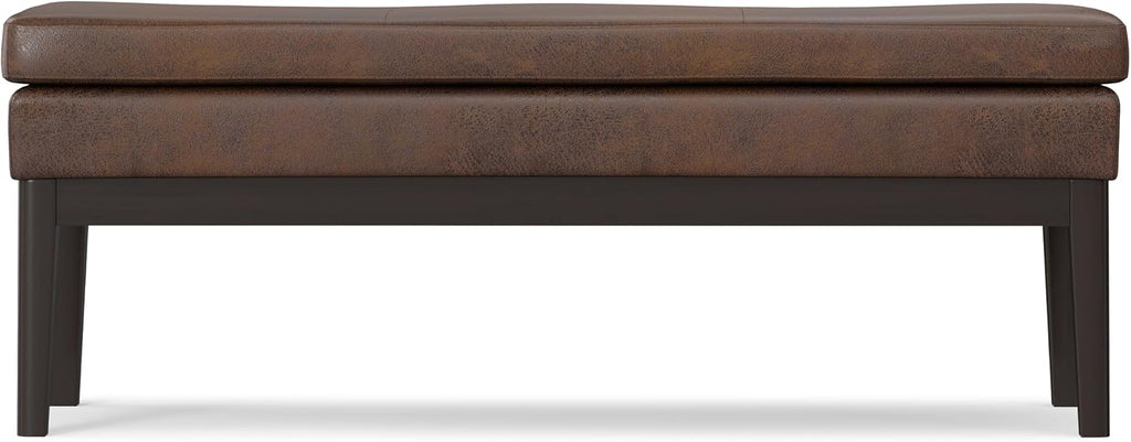 SIMPLIHOME Carlson Ottoman Bench - 45 inch Wide Upholstered Vegan Leather Rectangle Ottoman in Distressed Chestnut Brown, Mid Century Modern Bench for Bedroom or Living Room with Padded Seat