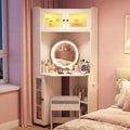 CHARMAID Corner Vanity Desk with LED Mirror & Lighted Fluted Cabinet, White Makeup Vanity Table with Charging Station, Adjustable Shelves, Space Saving Dressing Table with Stool for Small Bedroom