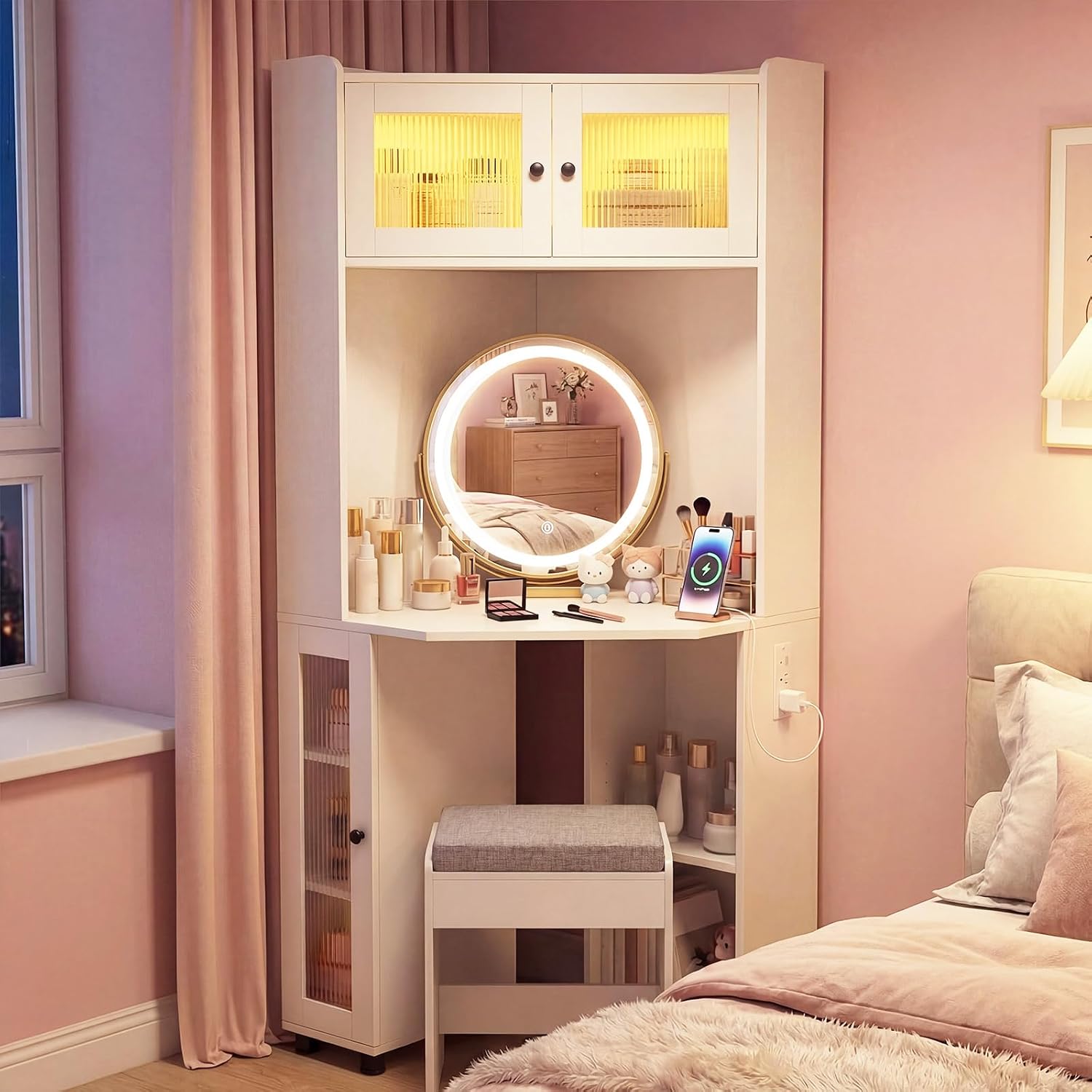 CHARMAID Corner Vanity Desk with LED Mirror & Lighted Fluted Cabinet, White Makeup Vanity Table with Charging Station, Adjustable Shelves, Space Saving Dressing Table with Stool for Small Bedroom