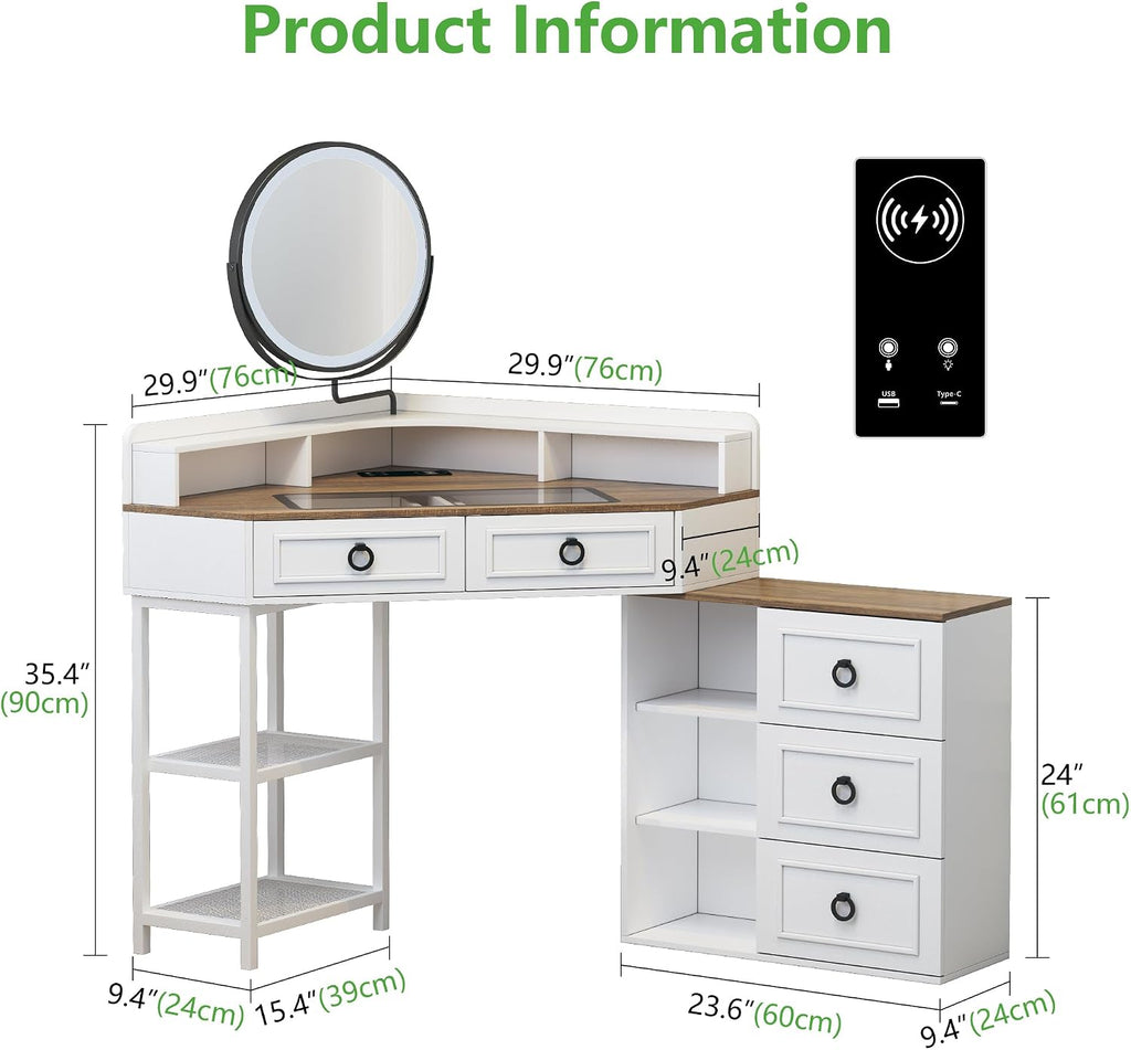 WOOVIVS Corner Vanity Desk with Lighted Rotating Mirror, Glass Top Makeup Table with 5 Drawers, Small Vanitys with Charging Station,Jewelry Organizers for Bedroom,White
