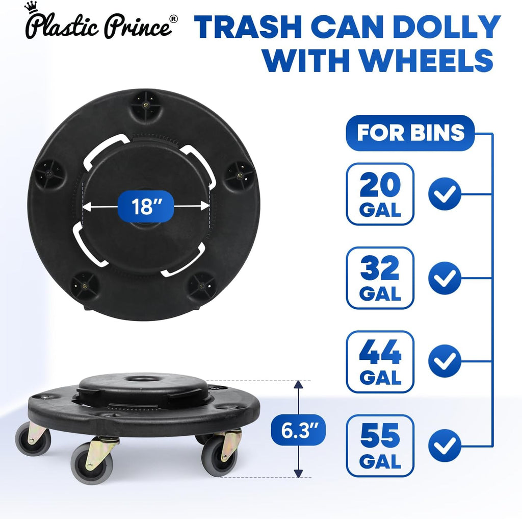 PLASTIC PRINCE Trash Can Dolly with Wheels Black Garbage Can Wheels Transports 20 Gallon 32 Gallon 44 Gallon and 55 Gallon Brute Trash Can Dolly for Restaurants Offices Commercial Environments, 3 Pack