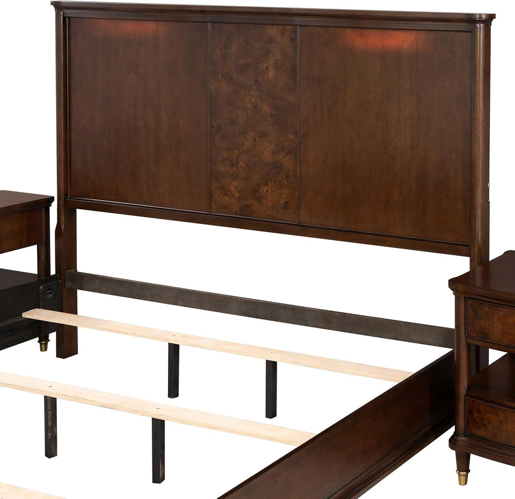 Furniture of America Aiyana Solid Wood 2-Piece Bedroom Set with LED on Headboard Bed, Power Outlet and USB Charging Ports on Nightstand, Box Spring Required, King, Dark Cherry