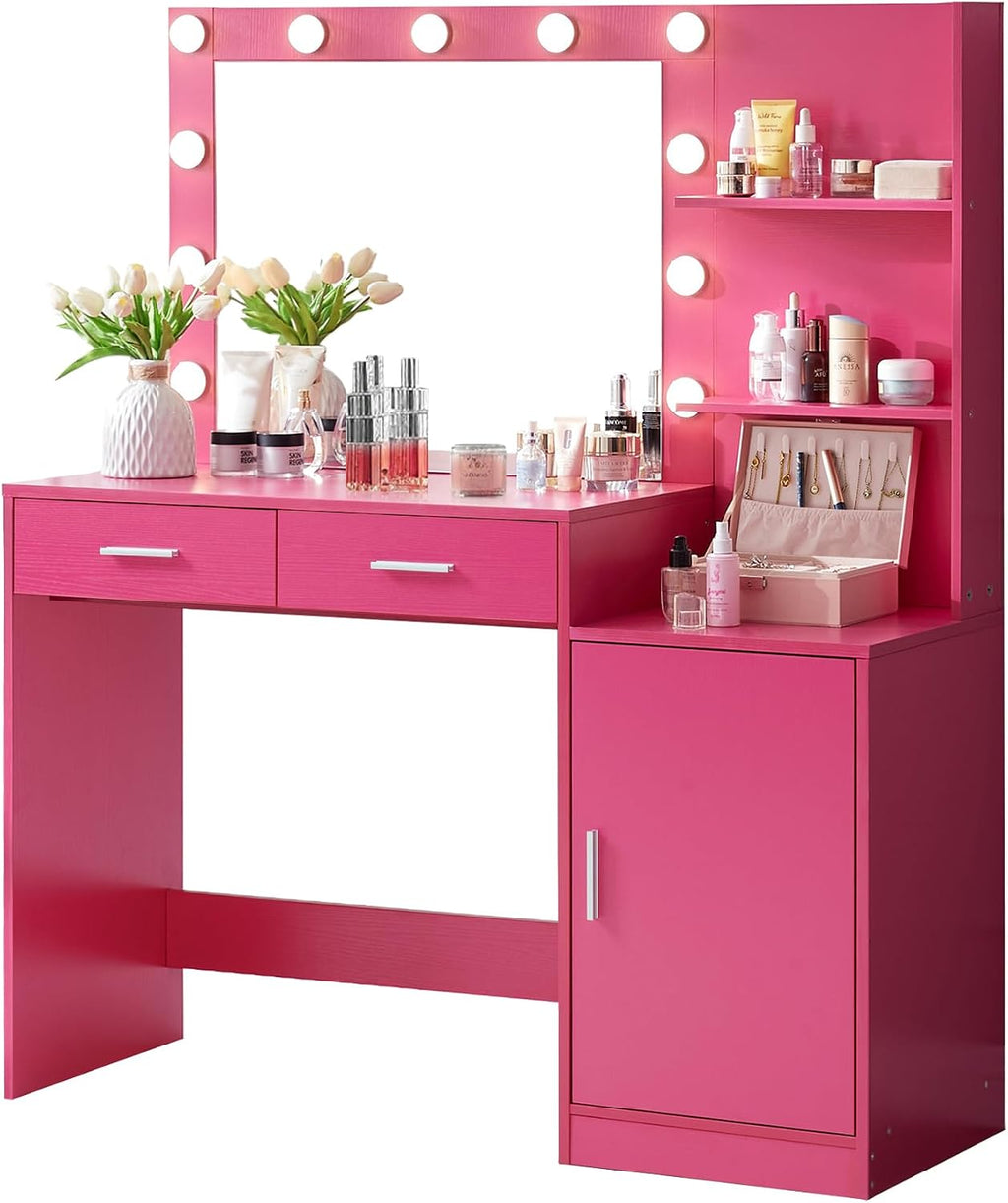 MIRROTOWEL 46.7' Vanity Desk with Mirror & LED Lights, Dressing Table with 2 Large Drawers & Vertical Organizer, 3-Tier Storage, 3 Adjustable Lighting Modes, Makeup Desk for Bedroom