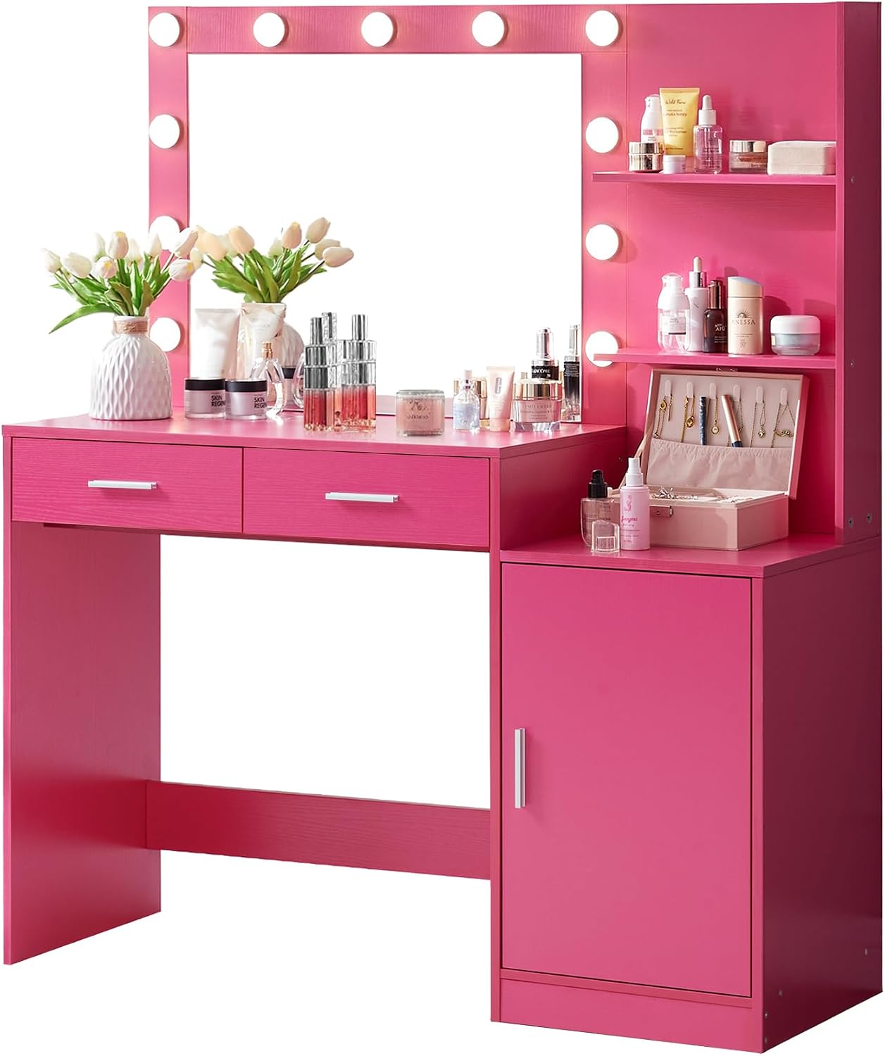 MIRROTOWEL 46.7' Vanity Desk with Mirror & LED Lights, Dressing Table with 2 Large Drawers & Vertical Organizer, 3-Tier Storage, 3 Adjustable Lighting Modes, Makeup Desk for Bedroom