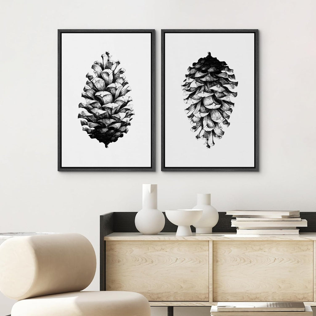 SIGNWIN Framed Canvas Print Wall Art Set Black & White Forest Woodland Pinecone Nature Wilderness Illustrations Modern Art Relax/Calm for Living Room, Bedroom, Office - 24'x36'x2 Black
