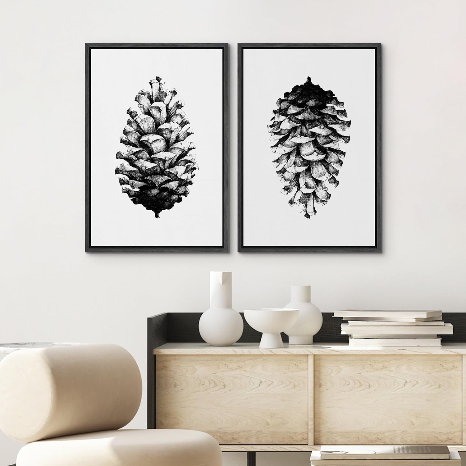 SIGNWIN Framed Canvas Print Wall Art Set Black & White Forest Woodland Pinecone Nature Wilderness Illustrations Modern Art Relax/Calm for Living Room, Bedroom, Office - 24'x36'x2 Black