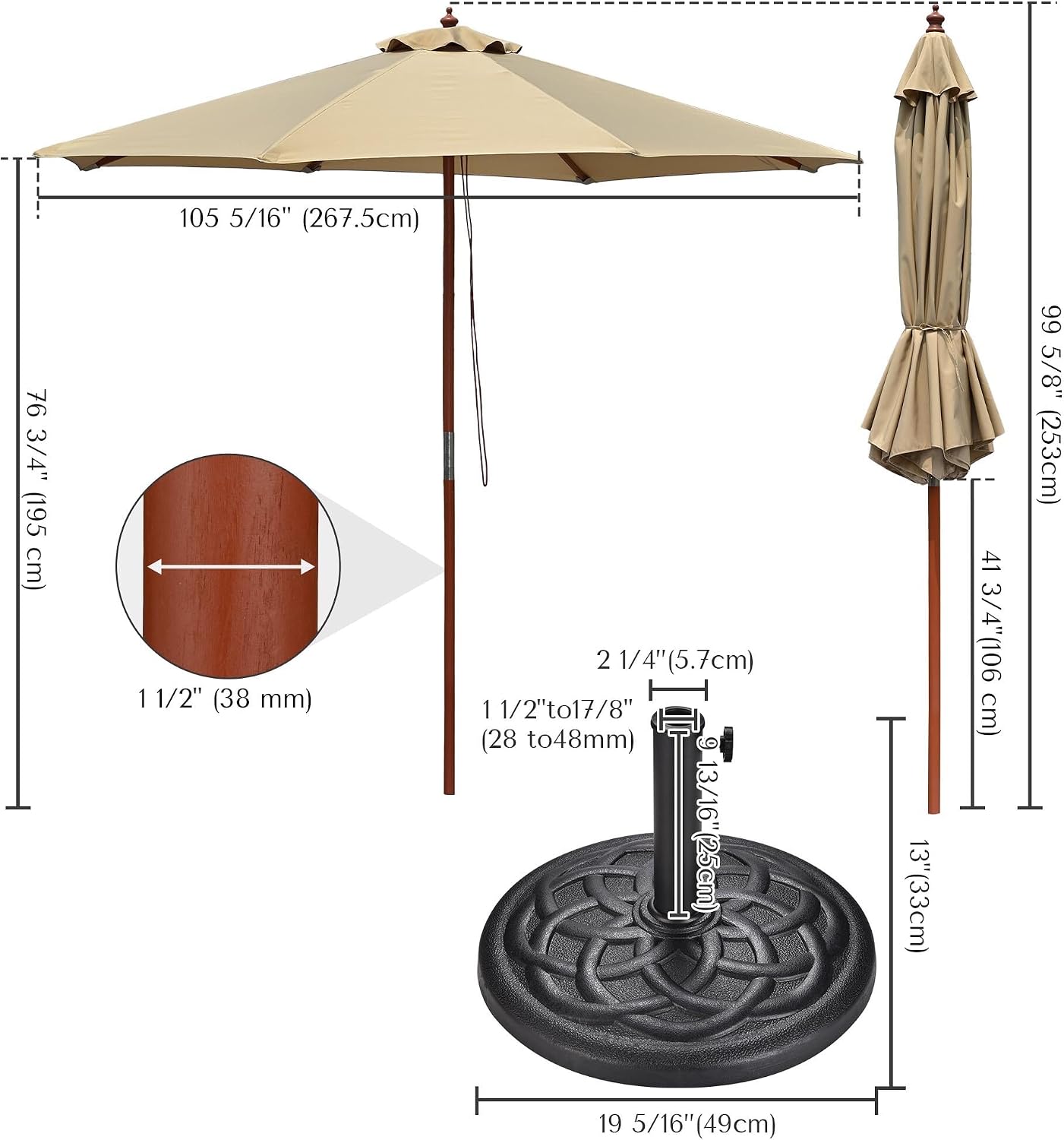 Yescom 9ft Coastal Solid Wood Umbrella Pulley Lift Commercial Base with Wheel Included for Seaside Restaurant Terrace Poolside Beach Club