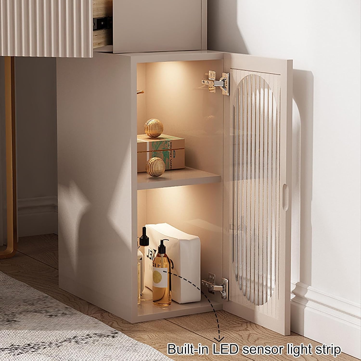 Corner Vanity Desk with Lighted Mirror, Makeup Dressing Table with Drawers, Cabinet and Cushioned Stool, Girls Vanity Desk for Dressing Room, Bedroom