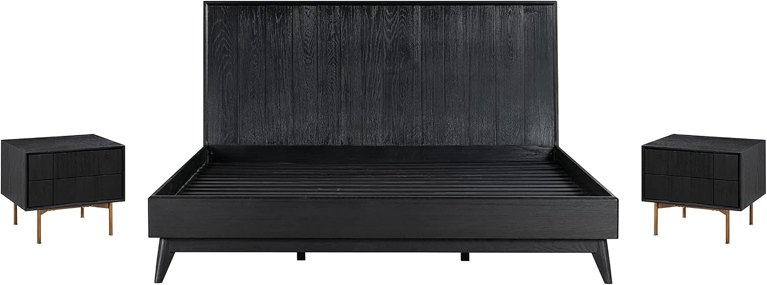 Armen Living Carnaby King 3 Piece Bedroom Set in Black Brushed Oak Wood