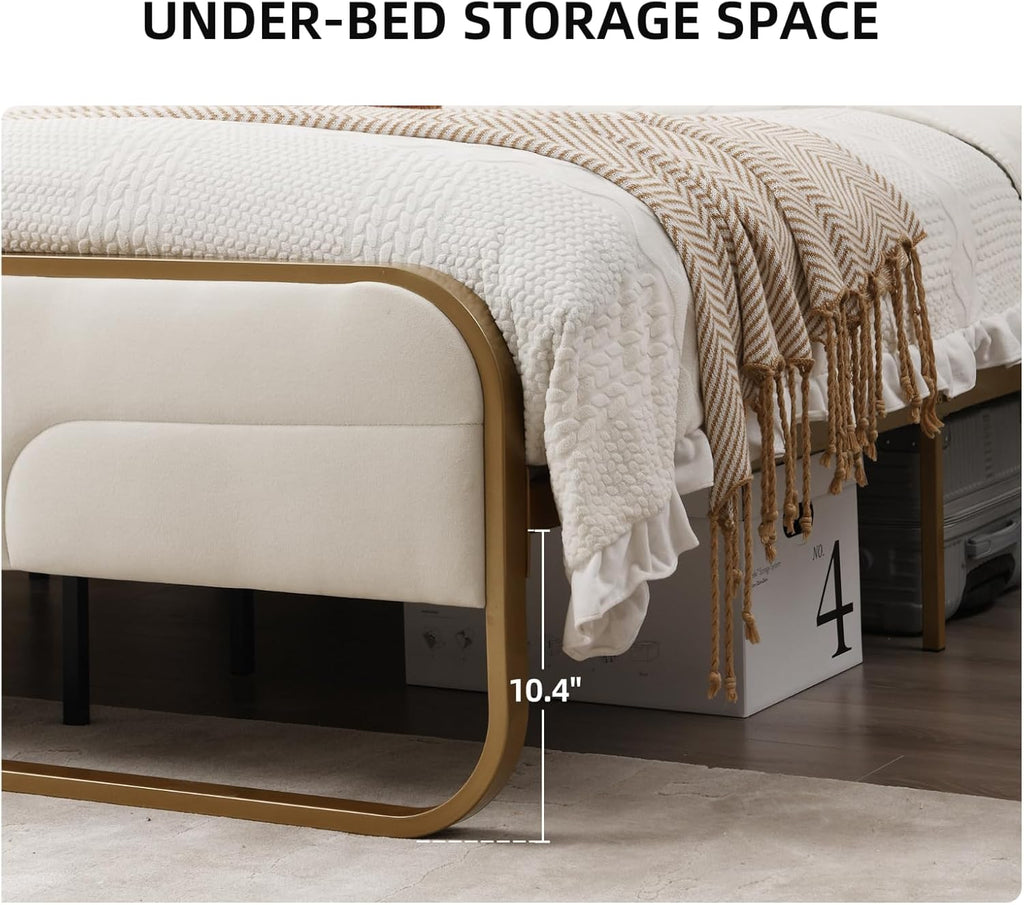 VELOCAVA Rounded Metal Upholstered Bed King with Unique Headboard, Soft Velvet Platform Bed Storage Supported by Metal Base and Wooden Slats, No Box Spring Needed,Gold & Cream