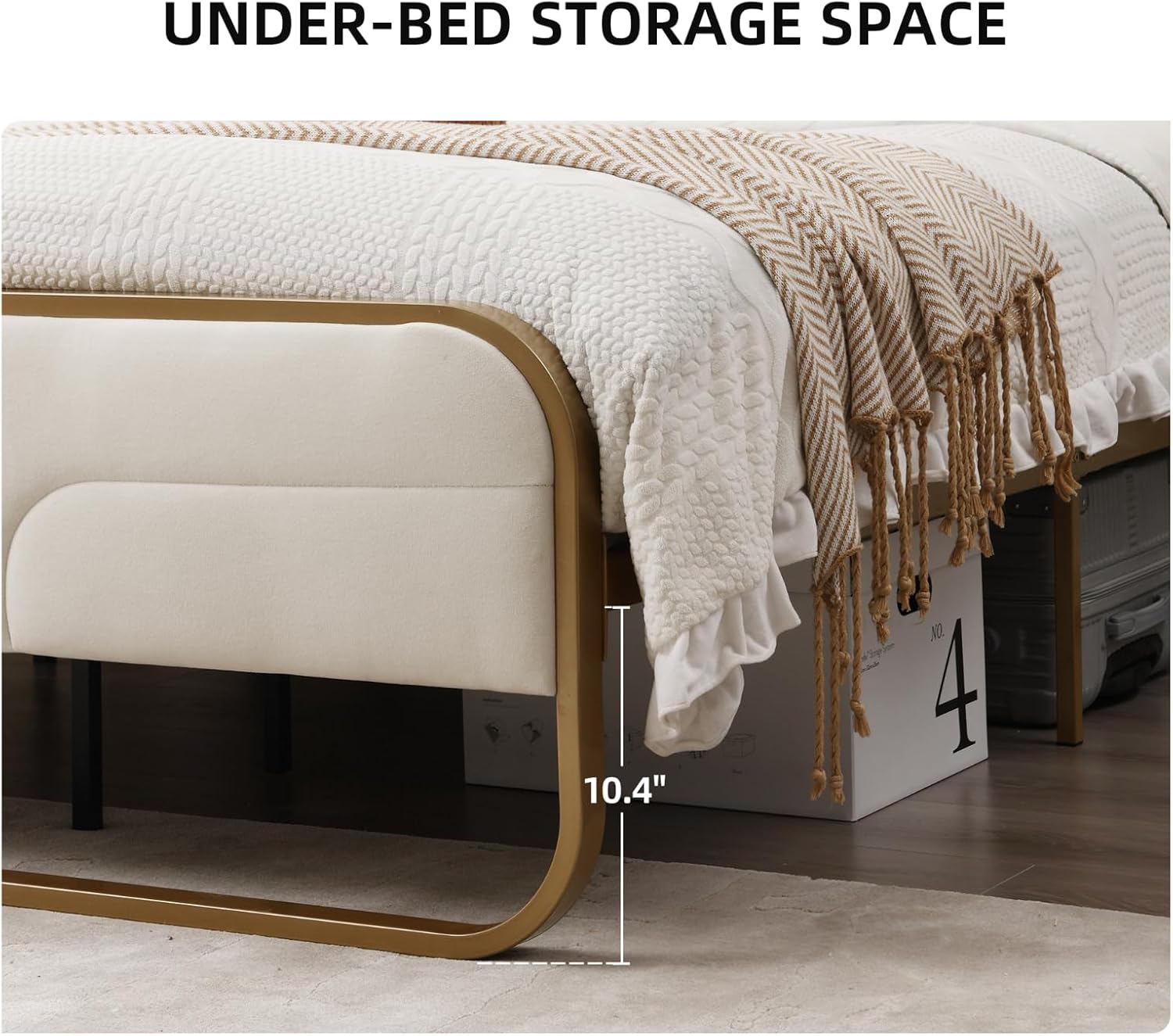 VELOCAVA Rounded Metal Upholstered Bed King with Unique Headboard, Soft Velvet Platform Bed Storage Supported by Metal Base and Wooden Slats, No Box Spring Needed,Gold & Cream