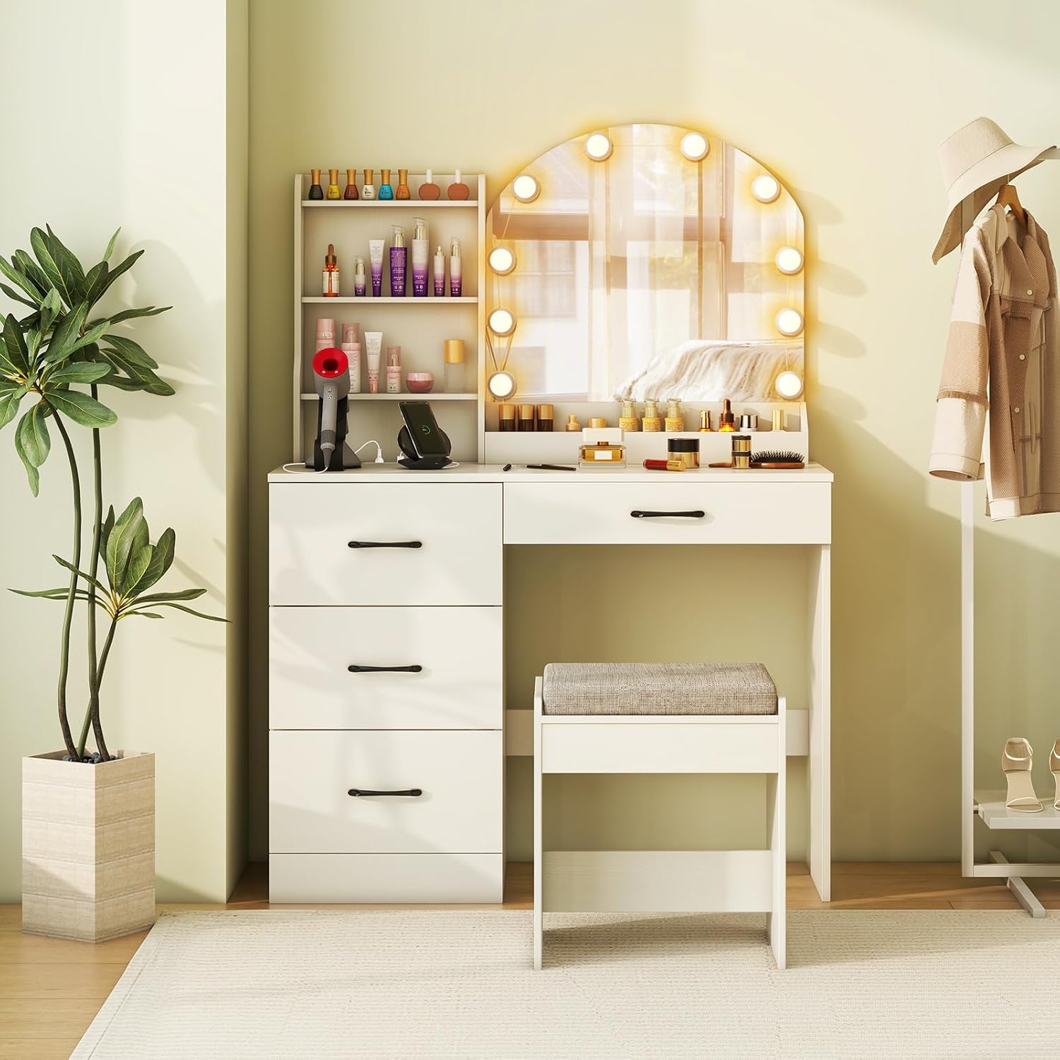 CHARMAID Vanity Desk with Mirror and Lights, White Makeup Vanity Desk with 4 Drawers, Storage Shelves, Charging Station, 3 Lighting Modes, 40 inch Large Vanity Dressing Table with Stool for Bedroom