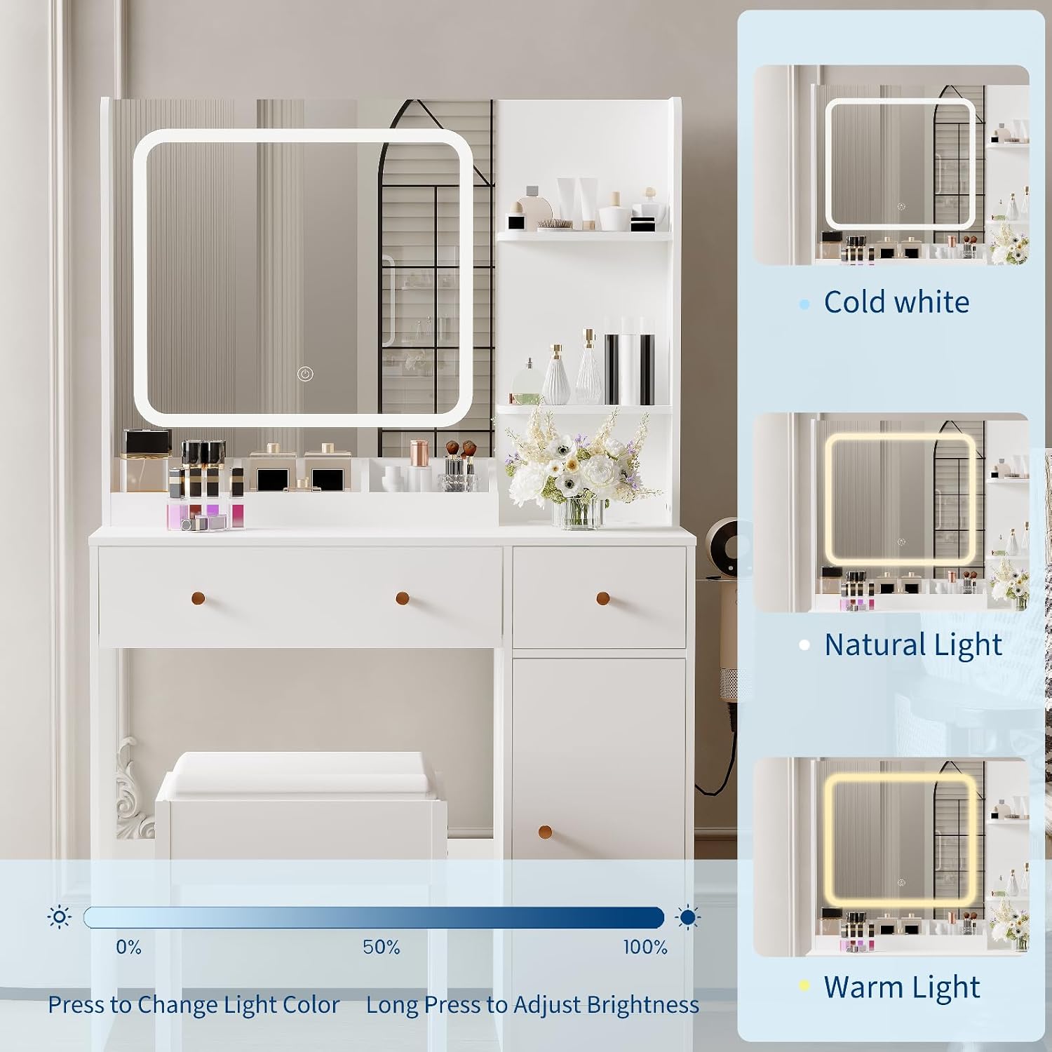 HaHarmoHaby Vanity Desk with Lighted Mirror, Makeup Vanity Table with 4 Drawers, Shelves,3 Color Modes & Adjustable Brightness, Dressing Table Set with Stool for Bedroom