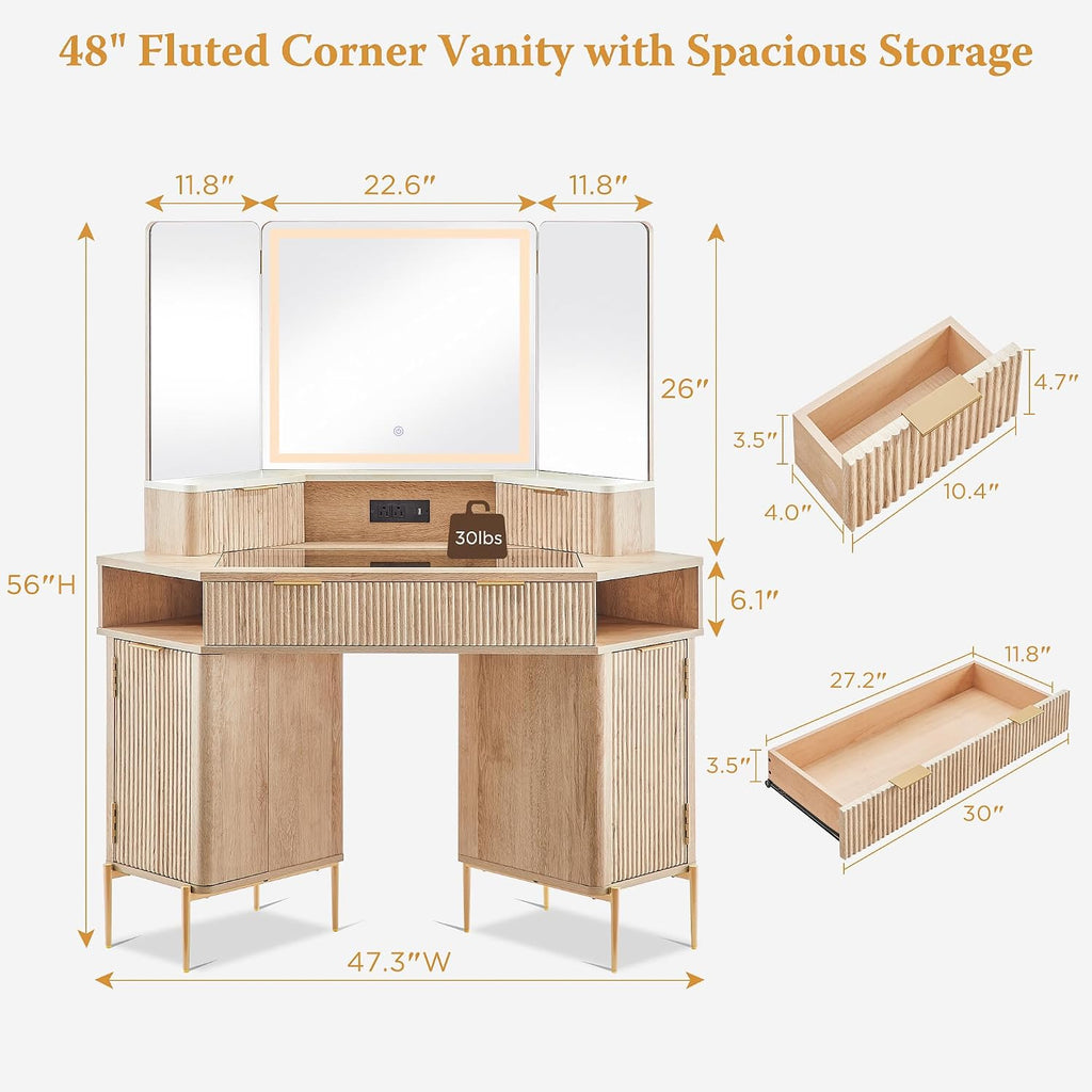 T4TREAM 48' Fluted Makeup Vanity Desk with HD Triple Mirror and Lights, Large Lighted Corner Vanity with Glass Top, Modern Dressing Table with 3 Drawers & 2 Cabinets for Bedroom, Natural Oak