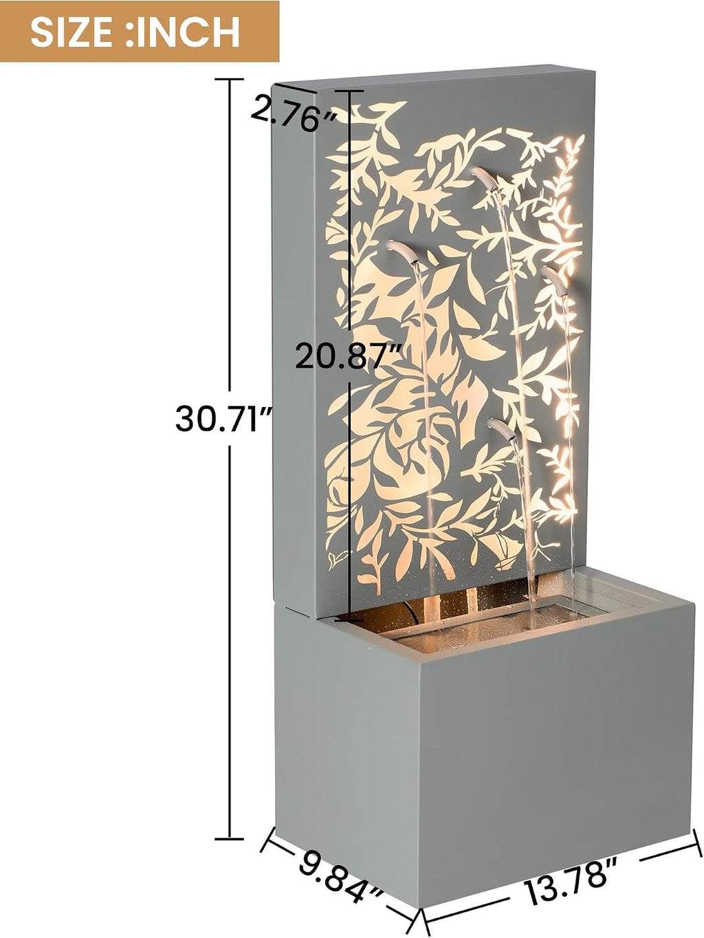 Merax 30.71' H Light Gray Metal Leaf Cutout Outdoor Water Wall Fountain with LED Lights, Modern Waterfall Feature for Patio Garden Backyard Decor