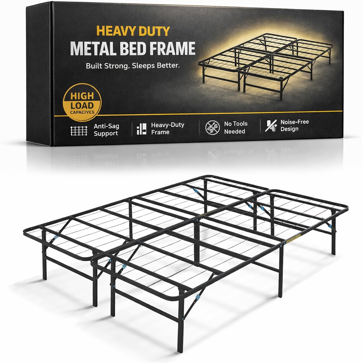 Greaton, 14-Inch Foldable Metal Platform Bed Frame with Tool Free Setup, Sturdy Steel, No Box Spring Needed, Queen, Black