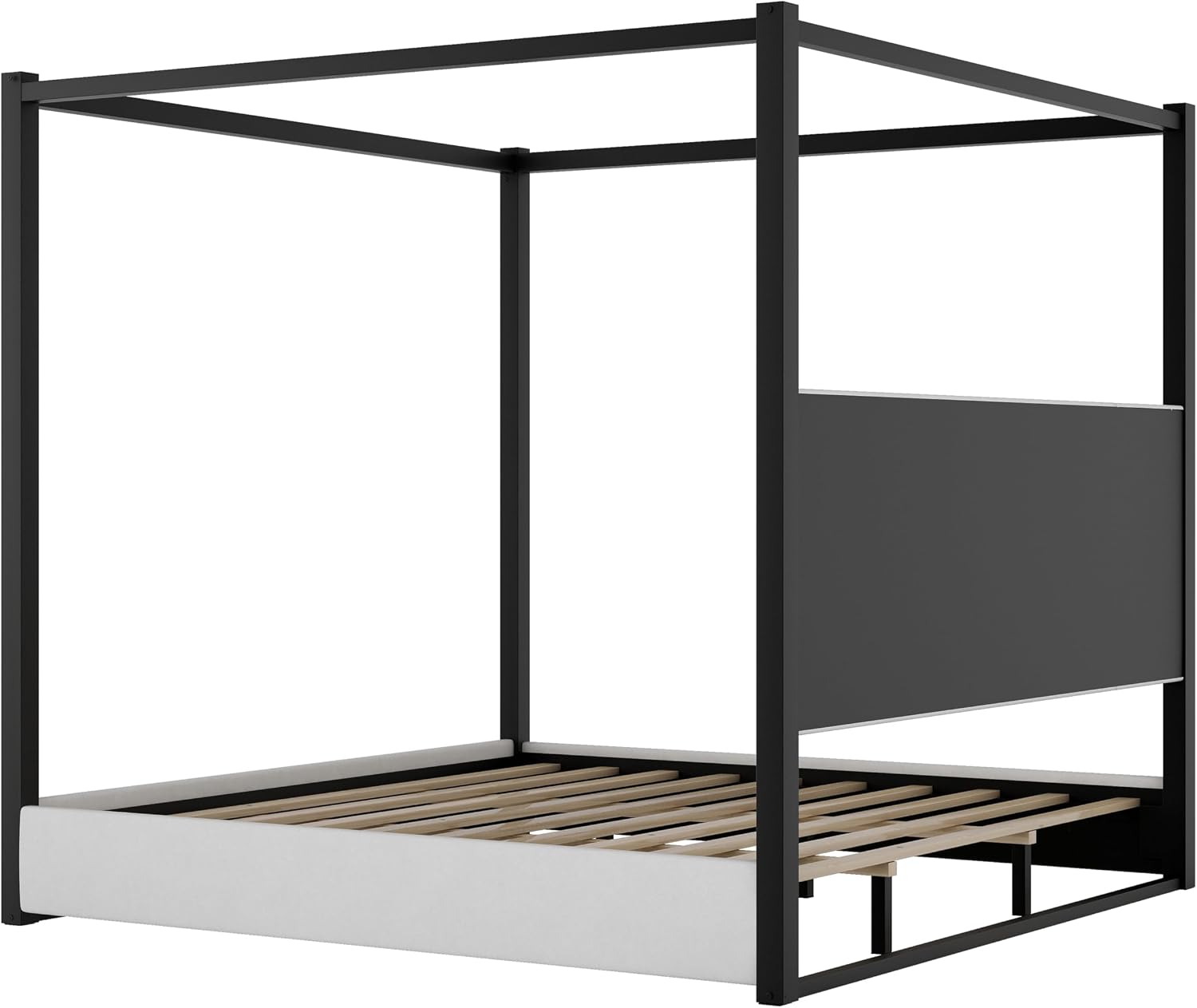LUMISOL King Size Metal Canopy Bed Frame, 4 Poster Bed with Tall Upholstered Headboard, Velvet Upholstered Canopy Platform Bed, No Box Spring Needed, Black + White