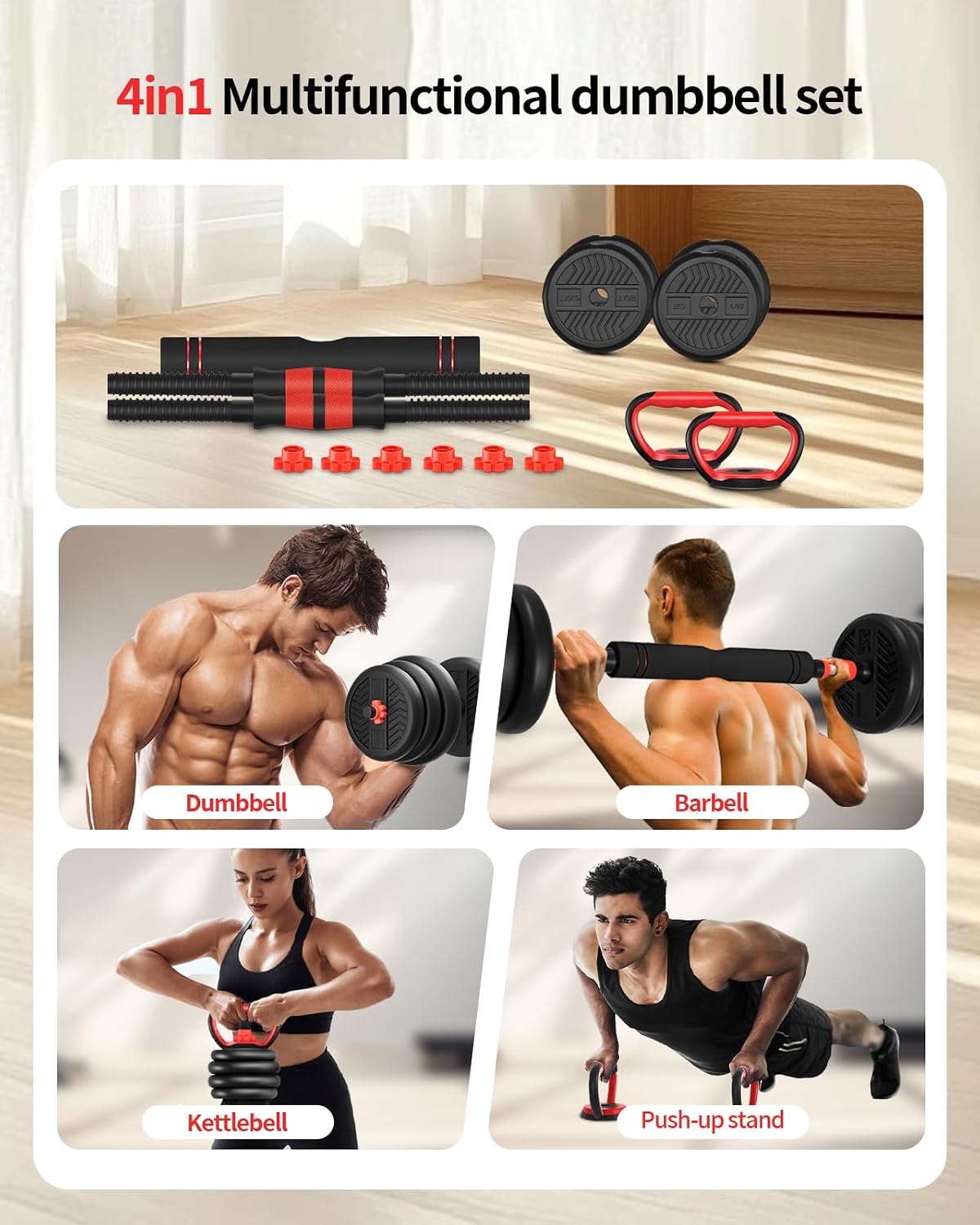 Adjustable Dumbbells,20/30/40/60/80lbs Free Weight Set with Connector, 4 in1 Dumbbells Set Used as Barbell/Kettlebells/Push up Stand, Fitness Workout Equipment for Home Gym for Youth,Women/Men