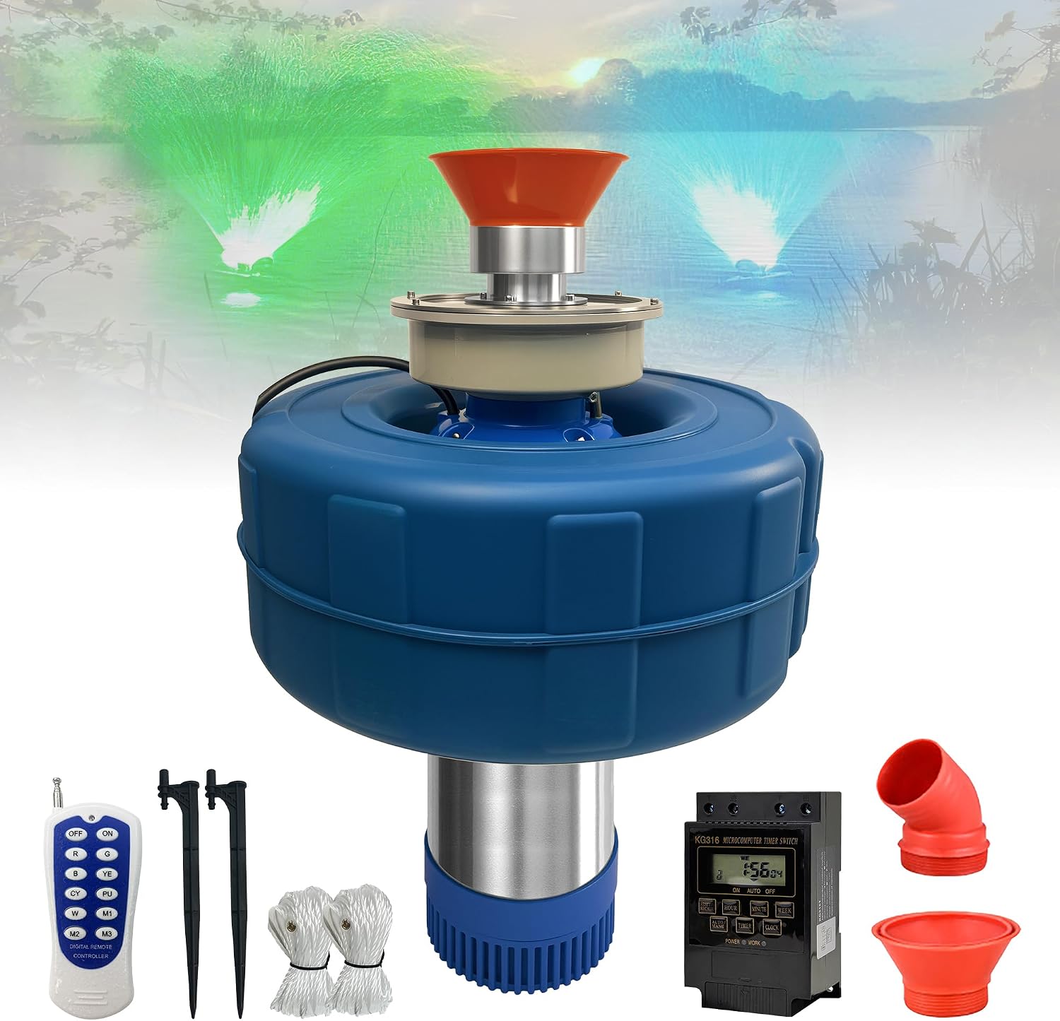 RGB LED Pond Fountain Aerator 750W with Color-Changing Light Show, 1HP 15000 GPH Floating Aerating Pump, 100ft Power Cord，Multiple control devices,Perfect for Ponds & Lakes (RGB)
