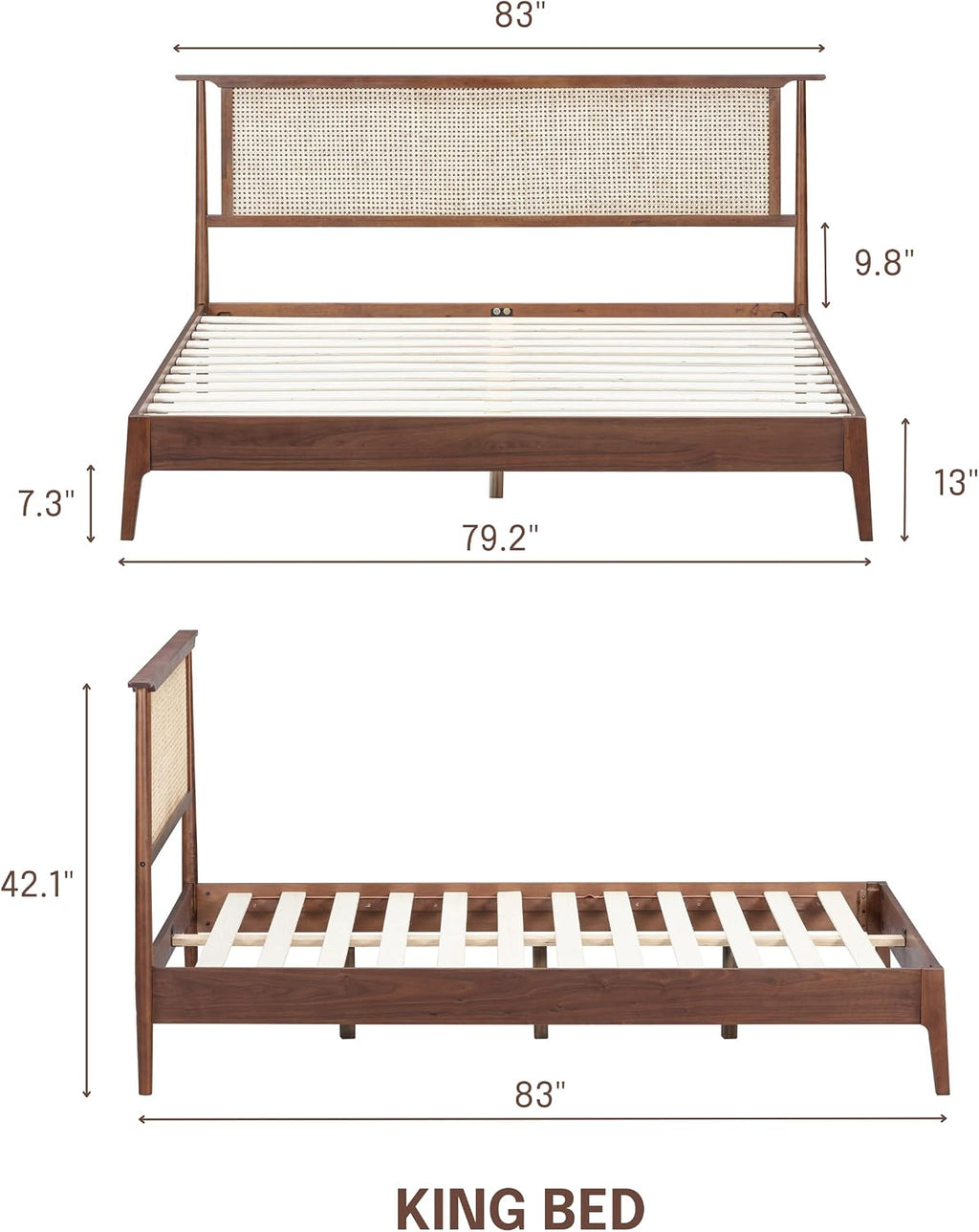 NTC Ruby Wooden Bed Frame with Headboard and Natural Rattan, Solid Oak/Rubber Wood Foundation with Silent Slats, 1000 Lb Capacity, Effortless Assembly (Natural Cane - Dark Walnut, King)