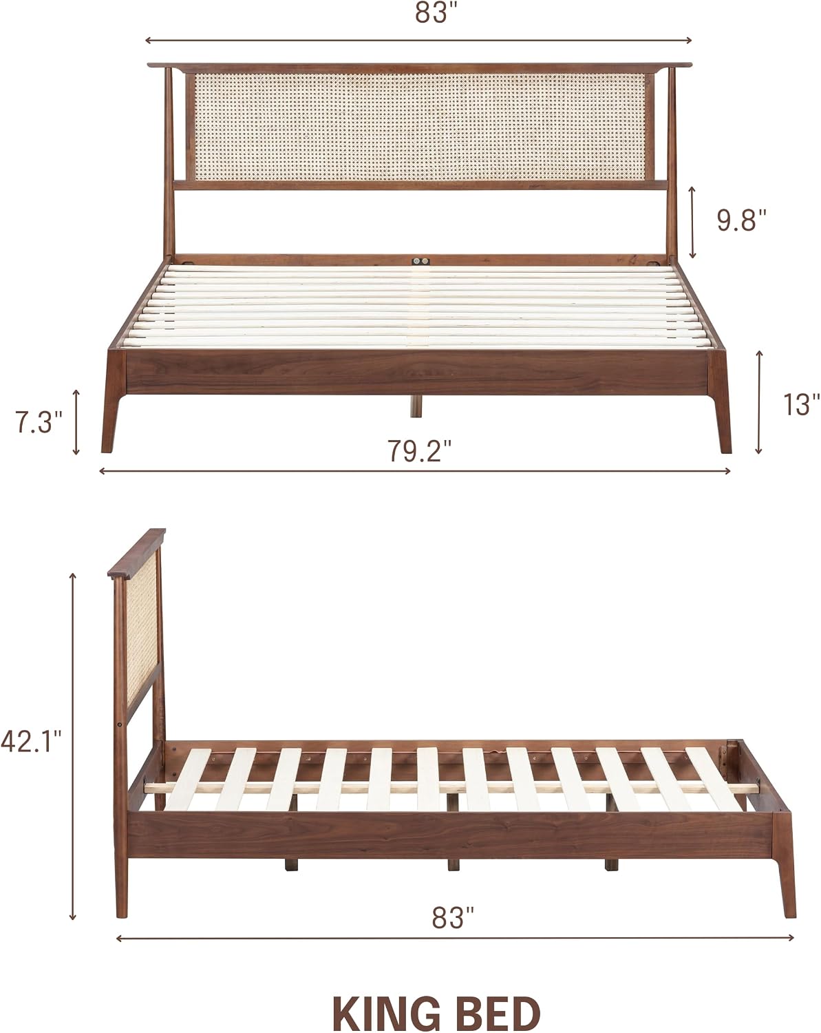 NTC Ruby Wooden Bed Frame with Headboard and Natural Rattan, Solid Oak/Rubber Wood Foundation with Silent Slats, 1000 Lb Capacity, Effortless Assembly (Natural Cane - Dark Walnut, King)