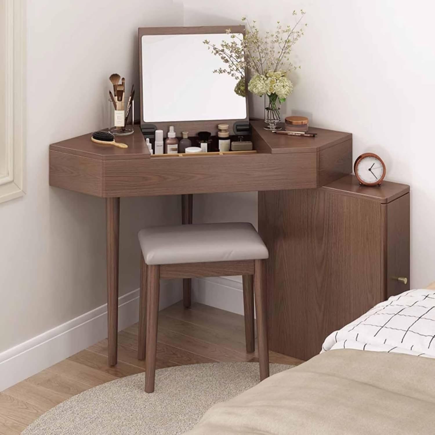 Corner Vanity Desk, Modern Dressing Table with Flip Top Mirror, Compact Vanity with Drawers, Natural Oak Makeup Table for Checkroom Apartment Bedroom Makeup Room(Walnut)