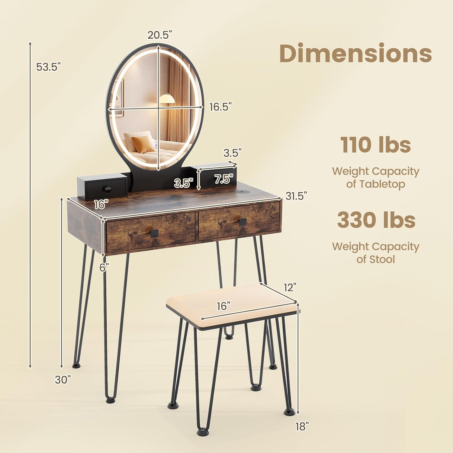 CHARMAID Vanity Desk with Mirror and Lights, Makeup Vanity Table with 4 Drawers, Charging Station, 3-Color Lighted Mirror, Retro Style Dressing Table with Stool for Small Bedroom (Rustic Brown)