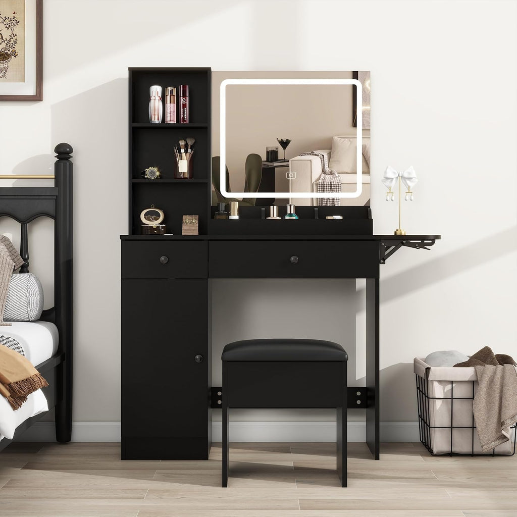 Panana Vanity Desk Set with Mirror and LED Lights, Makeup Table with 2 Drawers & 1 Cabinet, Power Outlet, Storage Cushioned Stool, Dressing Table for Bedroom (Black)
