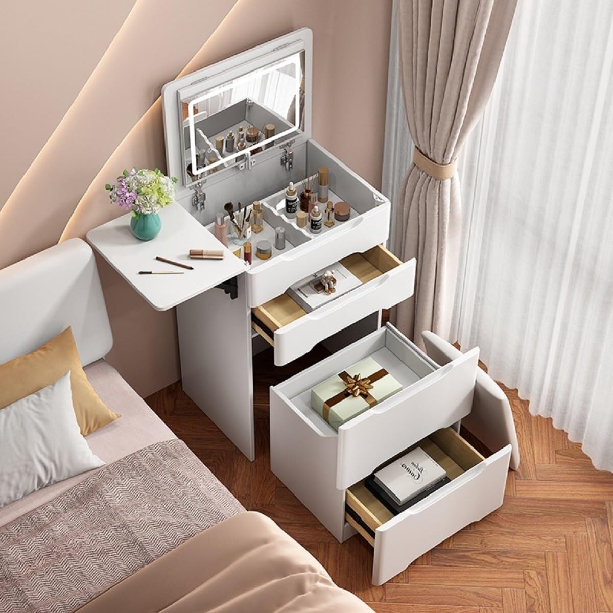 3-in-1 Corner Makeup Vanity Desk with Mirror White Dressing Table with 3 Drawers & Hidden Stool Multifunctional Vanity Set Solid Construction