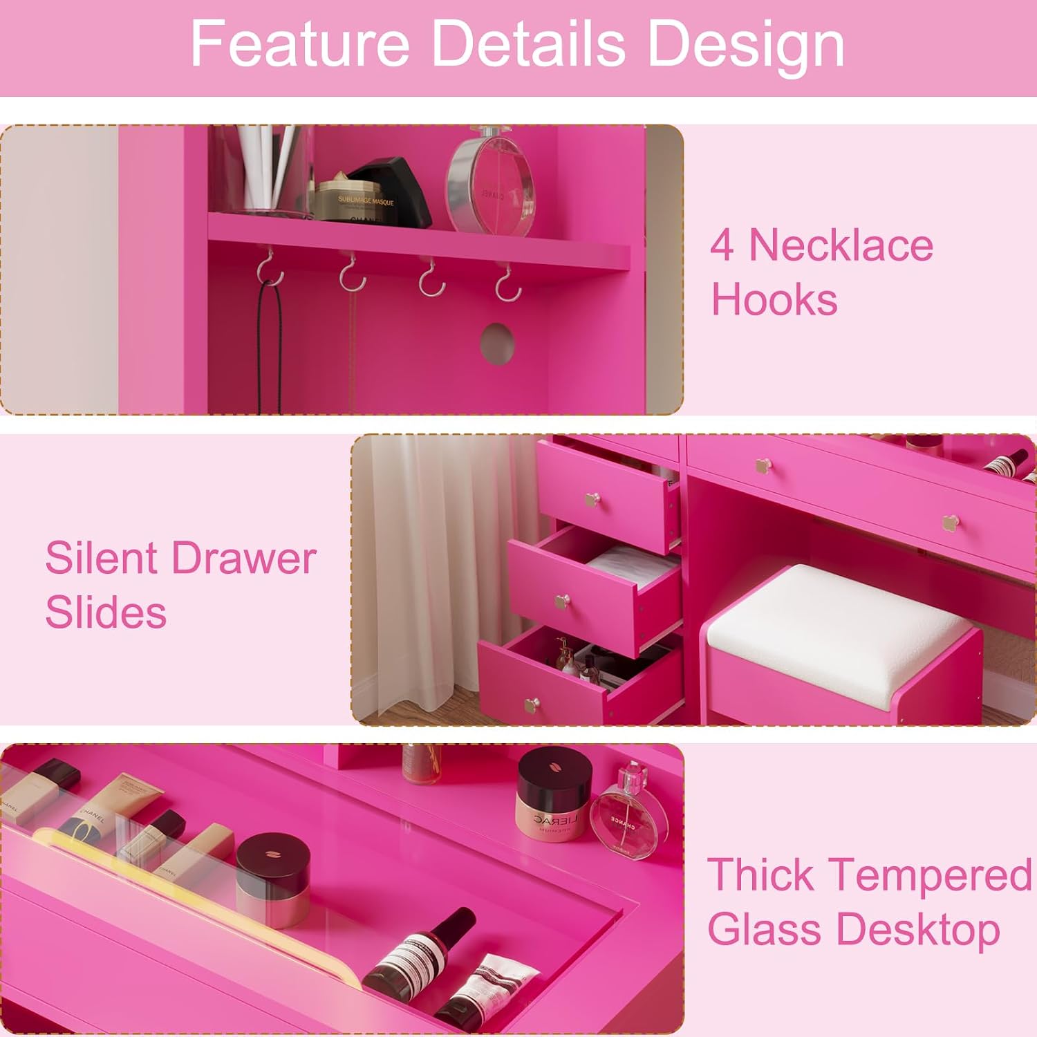 Karl home Makeup Vanity with Lighted Mirror Bedroom Vanity Desk with Charging Station Large Vanity Set with Transparent Desk, Drawers, Cabinet, Shelves for Storage in Bedroom, Pink