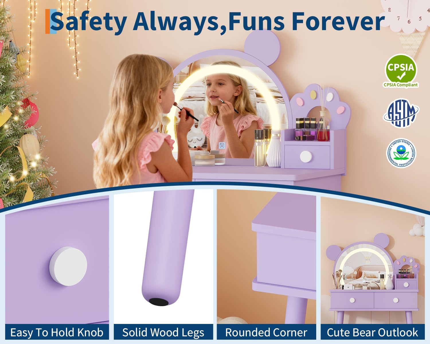 Garvee Kids Vanity Set with Lights,Bear-Shaped Make Up Vanity Desk with Mirror&Stool,Wooden Princess Toddler Make Up Table Set for Bedroom,Pretend Play Vanity Sets for Little Girls(Purple)