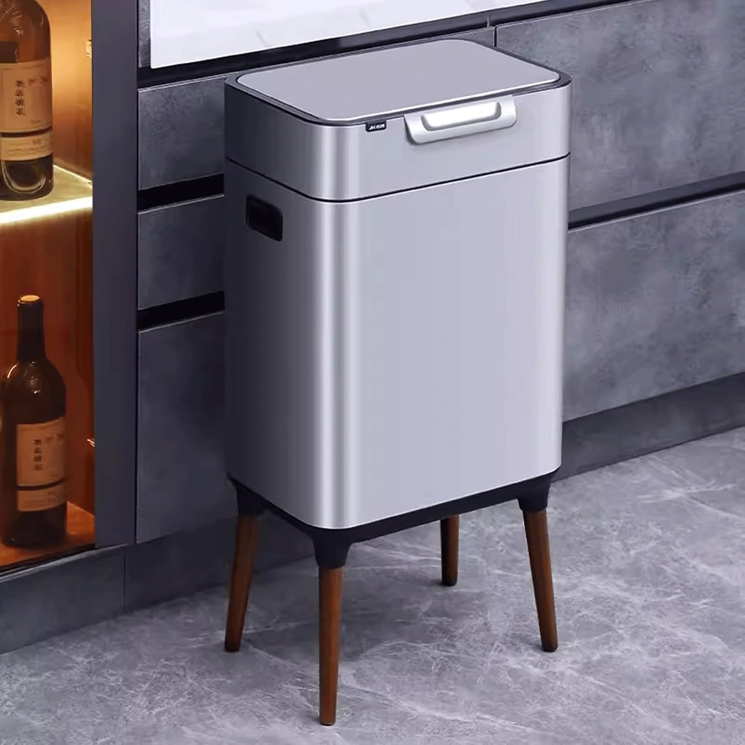 Stylish Stainless Steel Kitchen Trash Can with Large Capacity for Sorting Waste in Living Room or Office. Elegant Touchless Garbage Bin for Bathroom. 26L Silver.