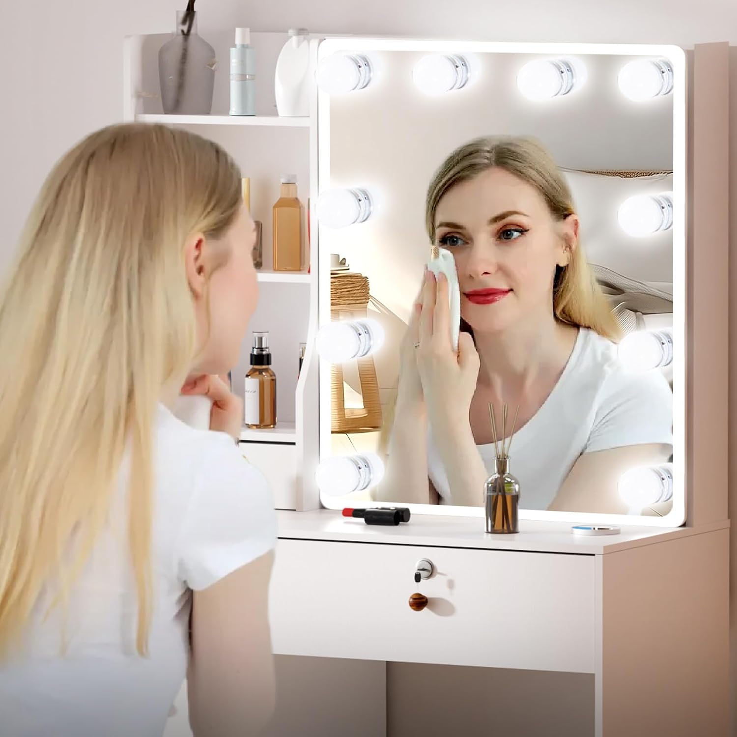Vanity Mirror with Lights Desk and Chair, 5 Drawers and Cabinet, Makeup Table with Large HD Mirror Makeup Desk, 3 Lighting Modes, White Makeup Table with Stool