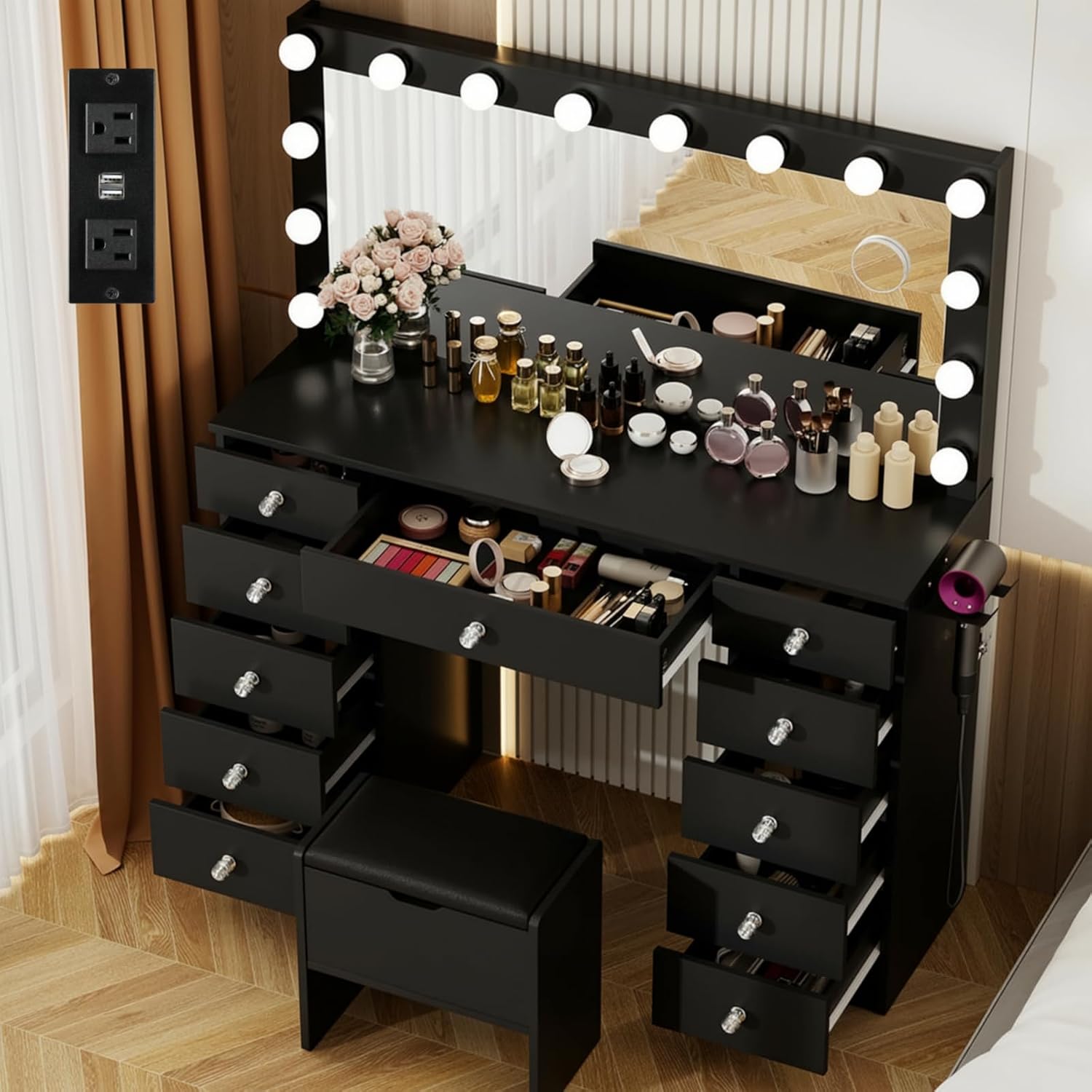 VOWNER Vanity with Lighted Mirror - Makeup Vanity Desk with 11 Drawers and Outlet, 3 Color Lighting Modes Adjustable Brightness, 46' Vanity Table with Soft Cushioned Stool for Bedroom, Black