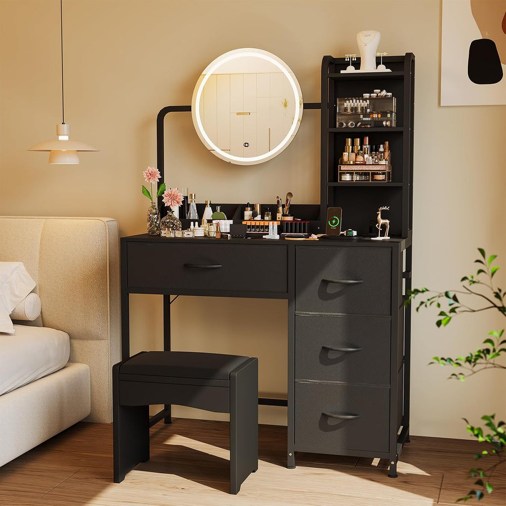 Patikuin Makeup Vanity with LED Mirror & Power Outlet, Small Dressing Table Set with Drawers & Shelves, Vanity Desk for Bedroom Beauty Corner