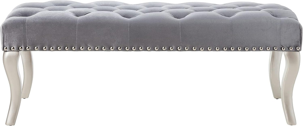 Roundhill Furniture Decor Maxem Tufted Fabric Upholstered Seat with Nailhead Trim Bench, Gray
