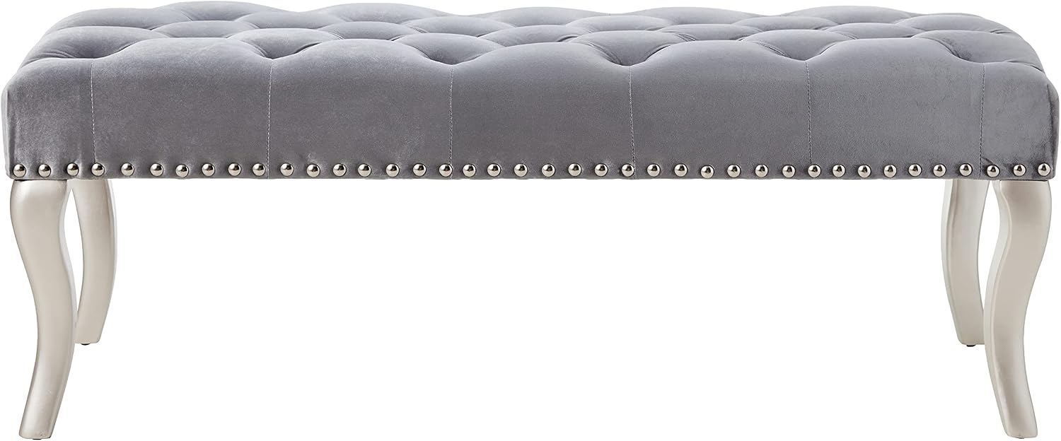 Roundhill Furniture Decor Maxem Tufted Fabric Upholstered Seat with Nailhead Trim Bench, Gray