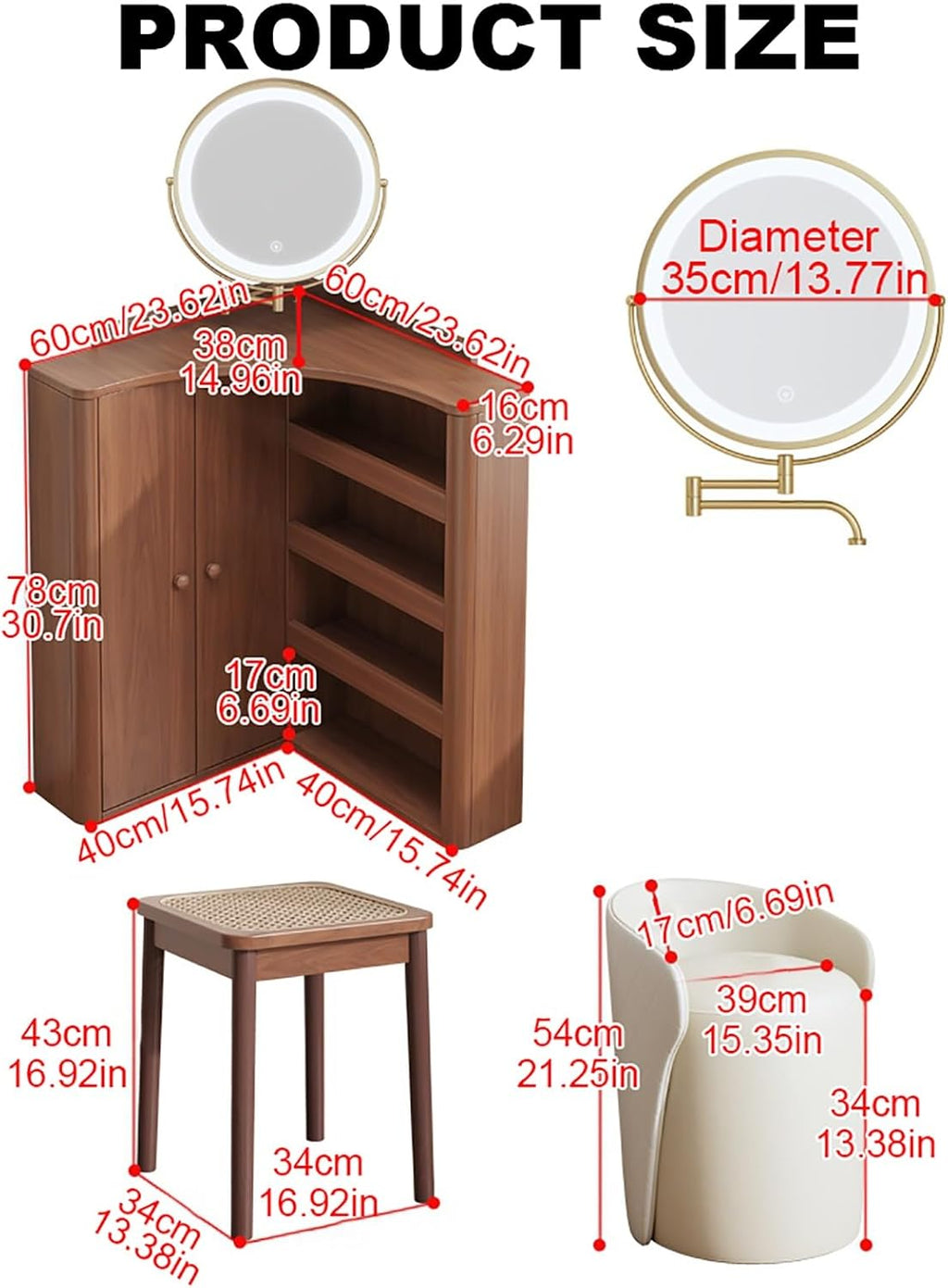 Vanity Desk with Mirror and Lights Corner Makeup Desk Wooden Makeup Desk with Stool Bedroom Vanity Table 3 Color Lighting Modes for Girls Women Bedroom Dressing Room.，Wood Color 60x40x78cm