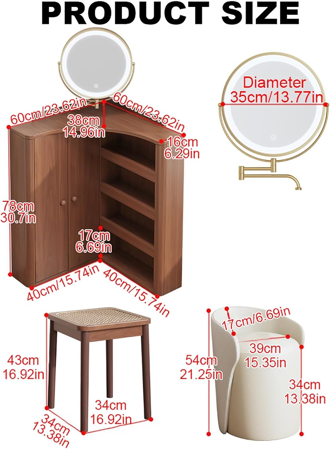 Vanity Desk with Mirror and Lights Corner Makeup Desk Wooden Makeup Desk with Stool Bedroom Vanity Table 3 Color Lighting Modes for Girls Women Bedroom Dressing Room.，Wood Color 60x40x78cm