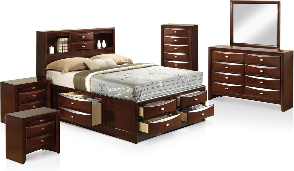 Furniture of America Darius Transitional Solid Wood 6-Piece Queen Platform Bedroom Set with Drawers, Bookcase Headboard and Knob Pulls, Mattress Ready, Dark Cherry