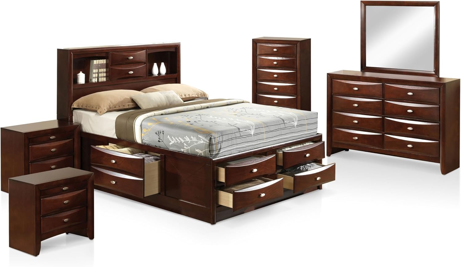 Furniture of America Darius Transitional Solid Wood 6-Piece Queen Platform Bedroom Set with Drawers, Bookcase Headboard and Knob Pulls, Mattress Ready, Dark Cherry
