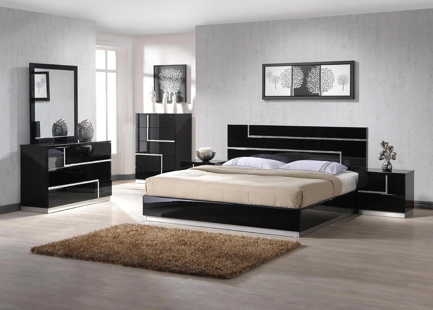 Contemporary Black Lacquer 5pc Bedroom Set - California King Size | Chrome Finish Base, High Gloss Finish Wood Bed Set